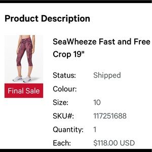 Lululemon SEAWHEEZE 2020 leggings. Gently worn. Size 10
